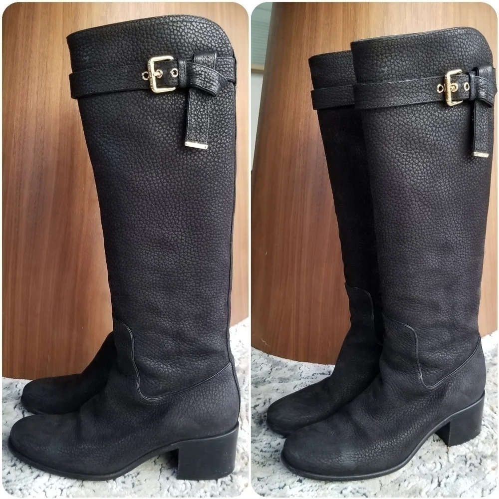 LOUIS VUITTON Black Grained Leather Suede Knee High Boots 35.5 - Picture 5 of 17
